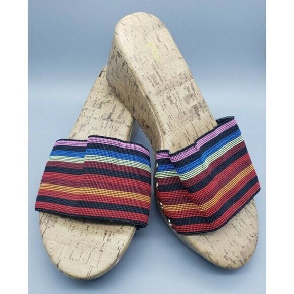 Avenue Ladies 10W Striped Rainbow Slip On Wedges Cork Sandals - Picture 2 of 12